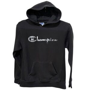Champion Spell Out Embroidered Patch Logo Hoodie Sweatshirt Youth SZ‎ L Black